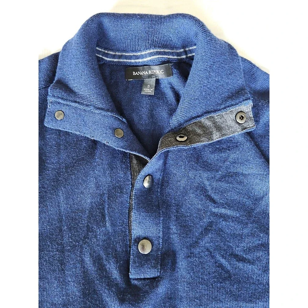 BANANA REPUBLIC Sweater Mens Small Blue Merino Wool Pullover 1/4 Mock Neck